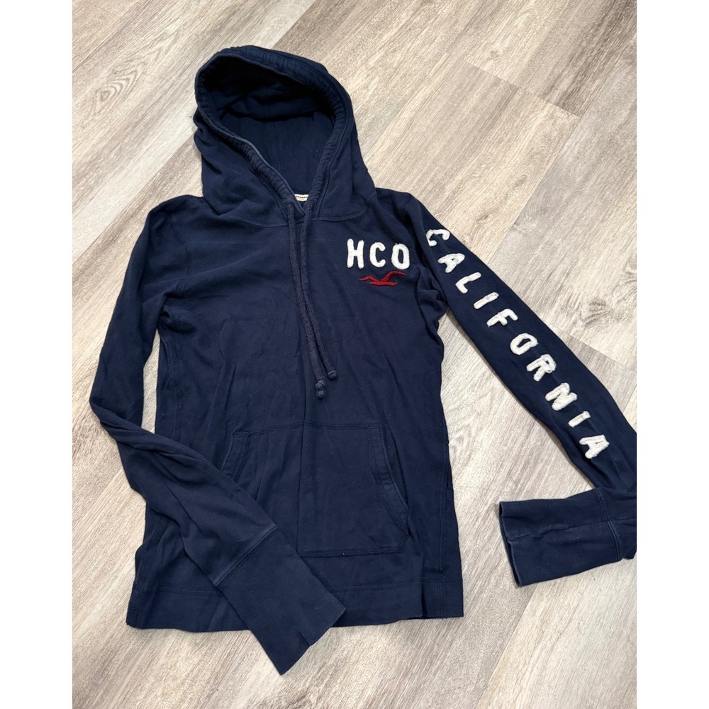 Hollister California Navy Blue Pullover Hoodie XS HCO Chenille Graphic Logo